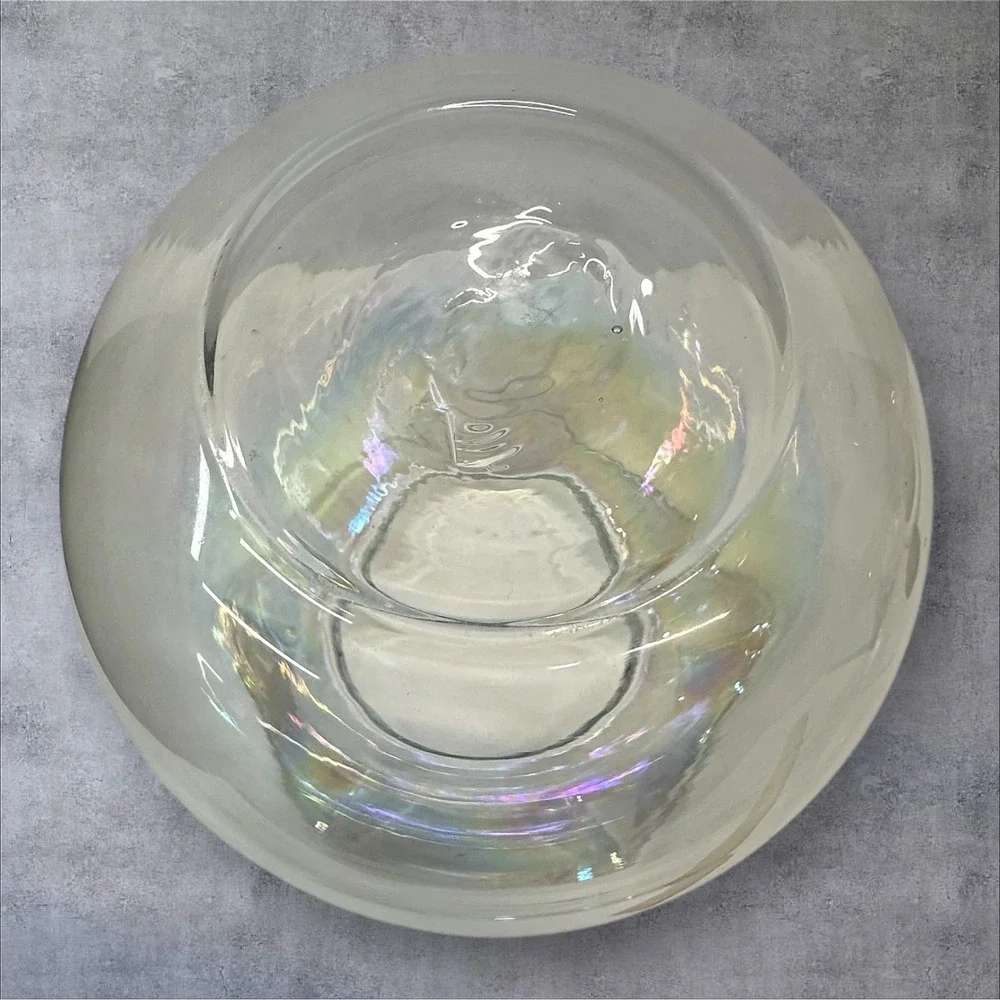 Iridescent Art Glass Vase Hand Blown Clear Wavy Rim Large Bulbous Form‎
